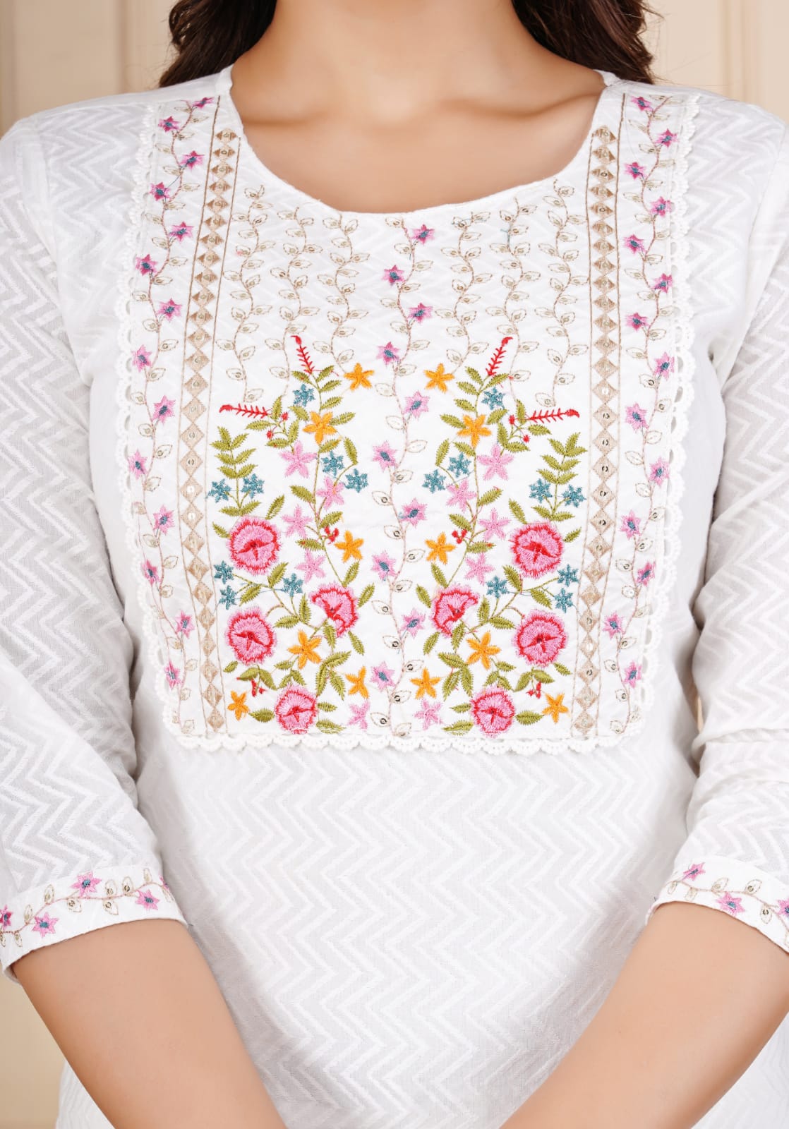 Cotton Plain White Red Floral Embroidery