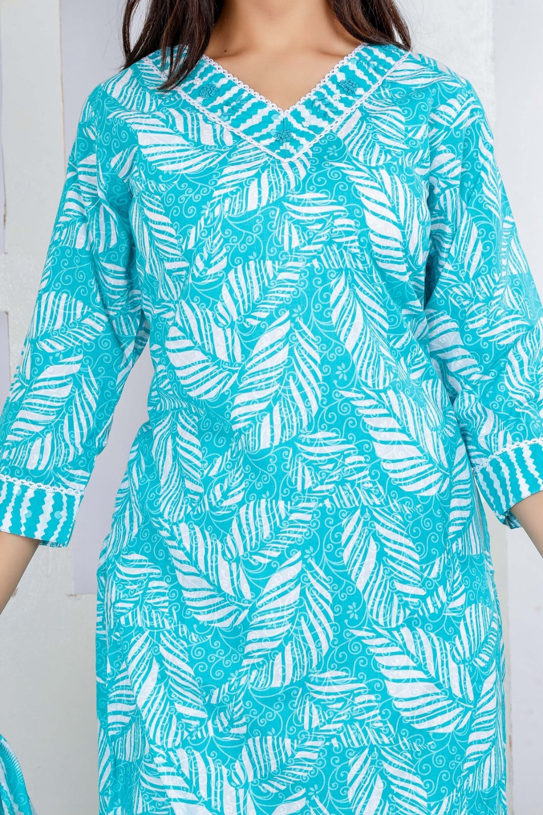 Cotton Sky blue Kurti with White Floral Prints