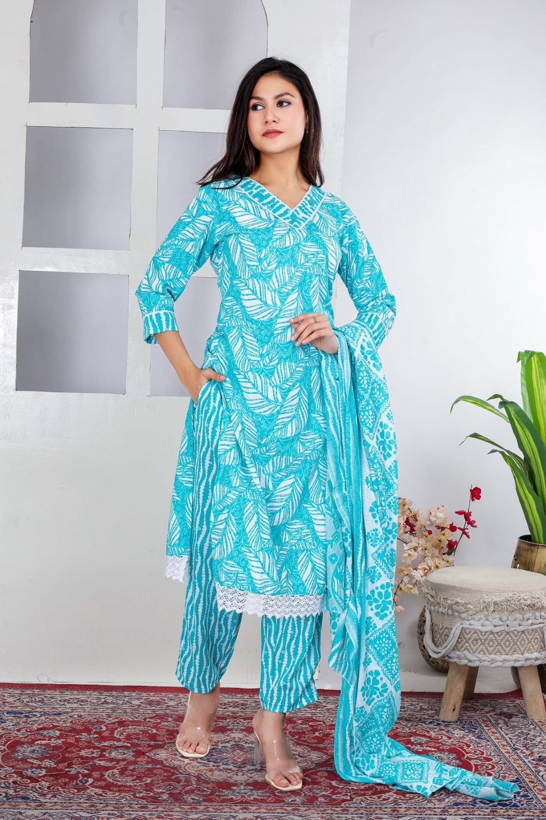 Cotton Sky blue Kurti with White Floral Prints