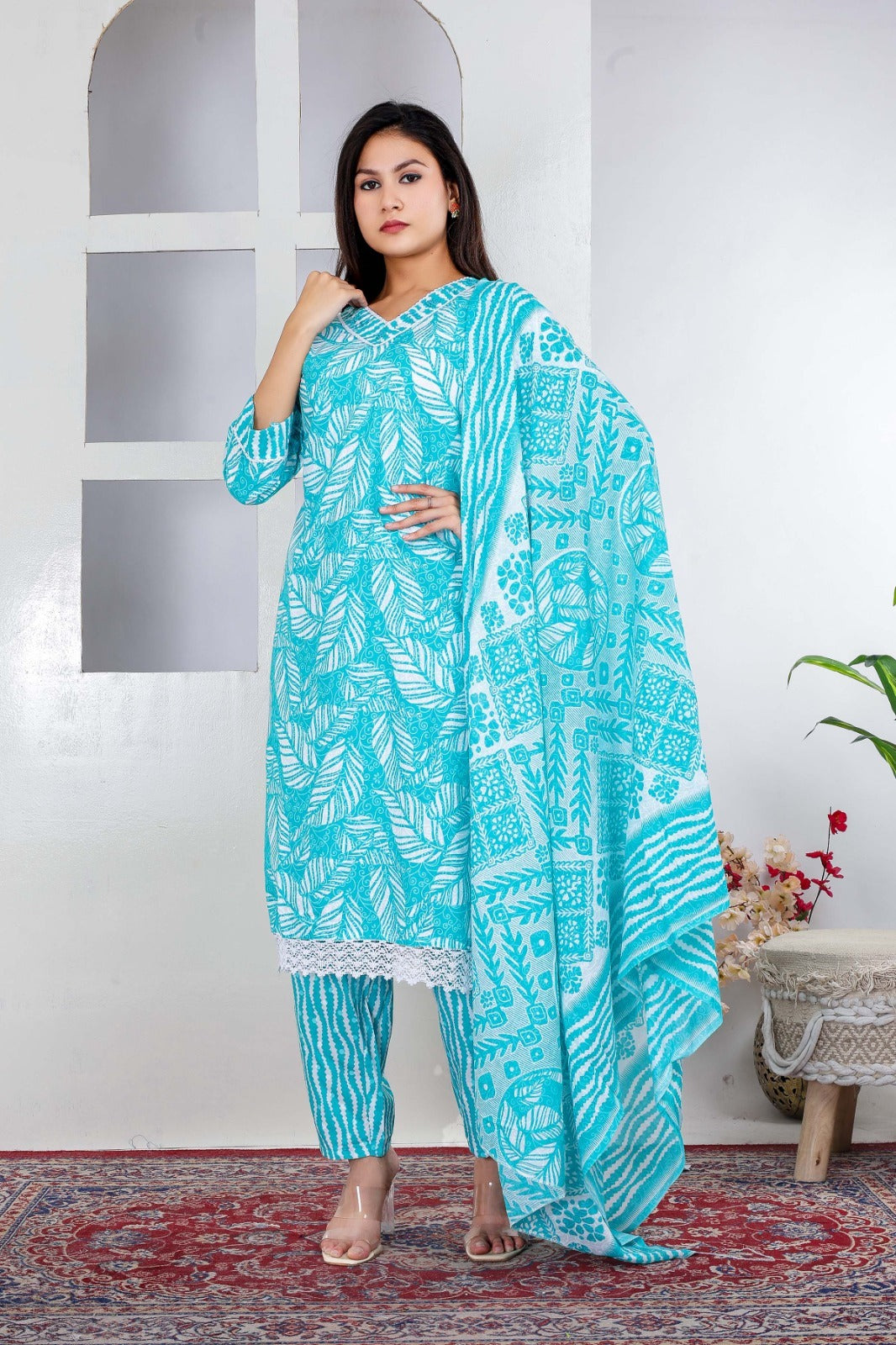 Cotton Sky blue Kurti with White Floral Prints