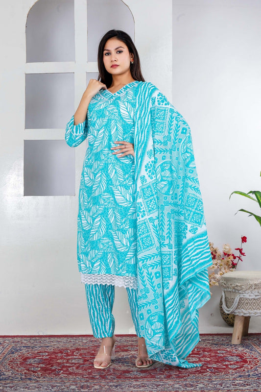 Cotton Sky blue Kurti with White Floral Prints