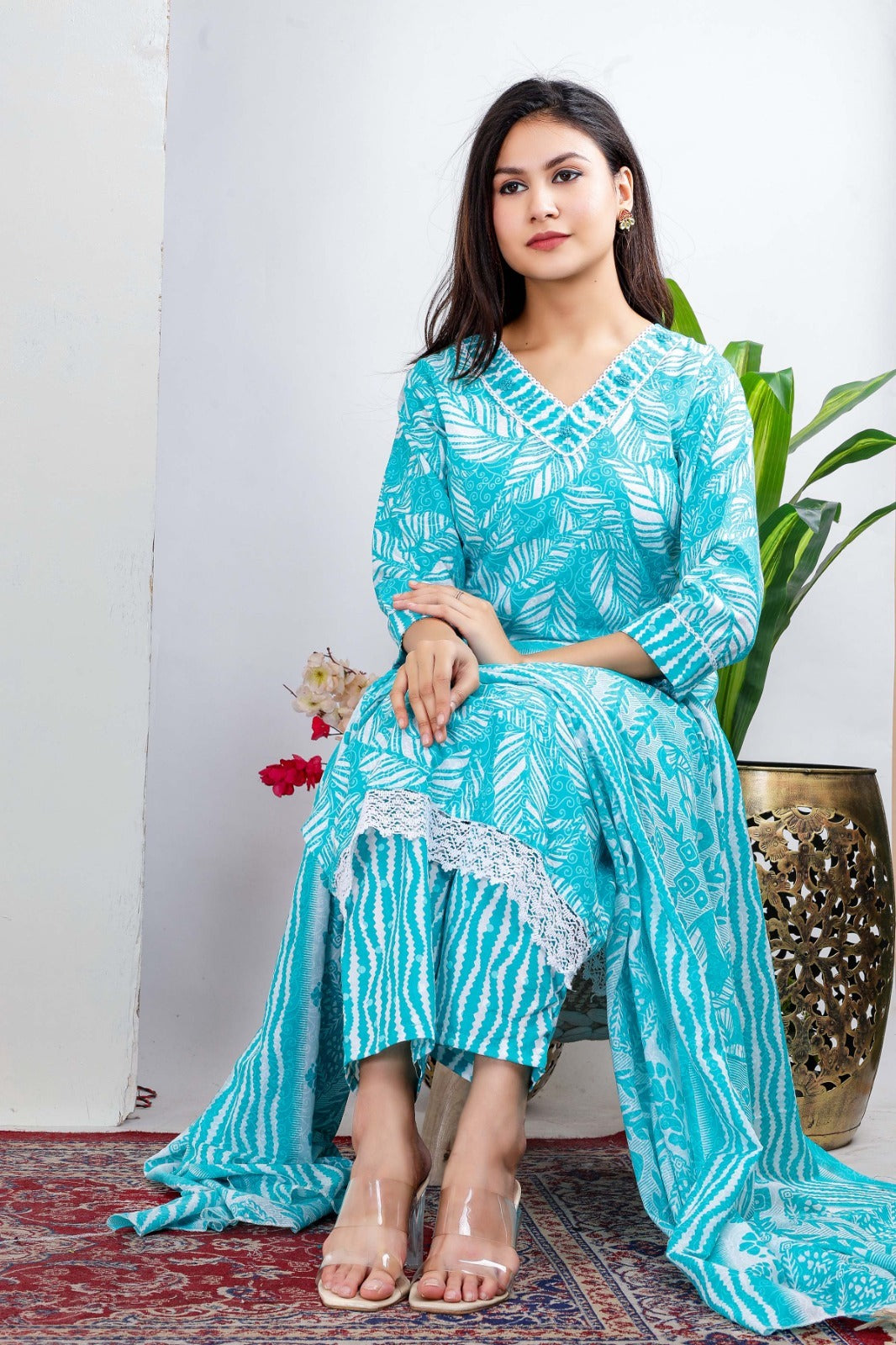Cotton Sky blue Kurti with White Floral Prints