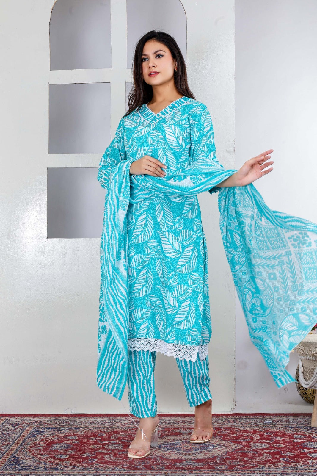 Cotton Sky blue Kurti with White Floral Prints