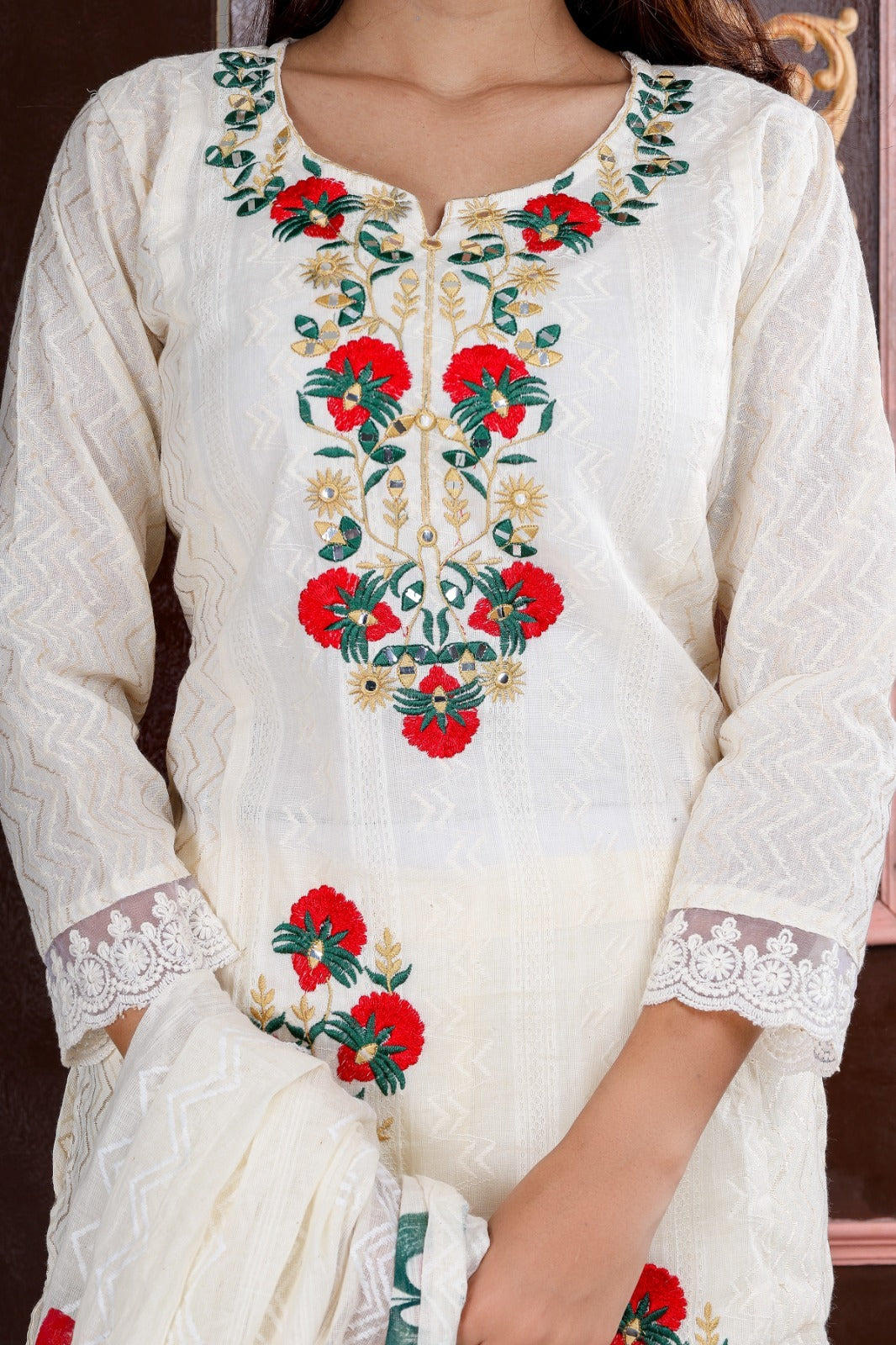 Cotton plain white floral embroidery