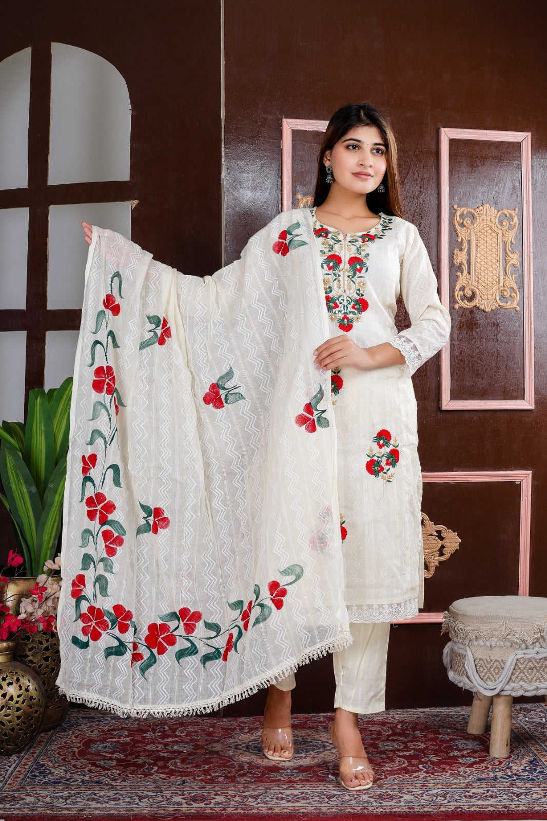 Cotton plain white floral embroidery