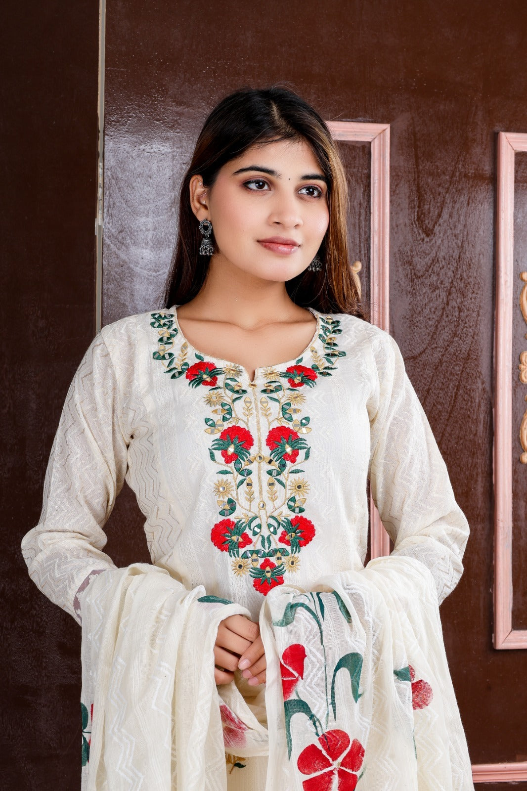 Cotton plain white floral embroidery