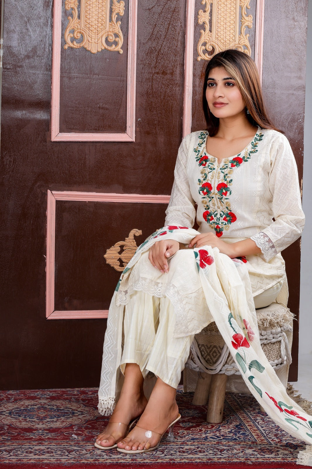 Cotton plain white floral embroidery