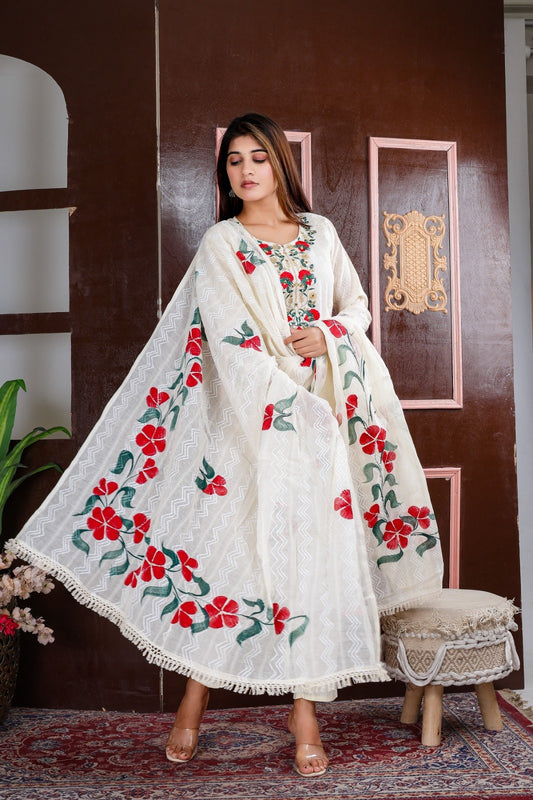 Cotton plain white floral embroidery