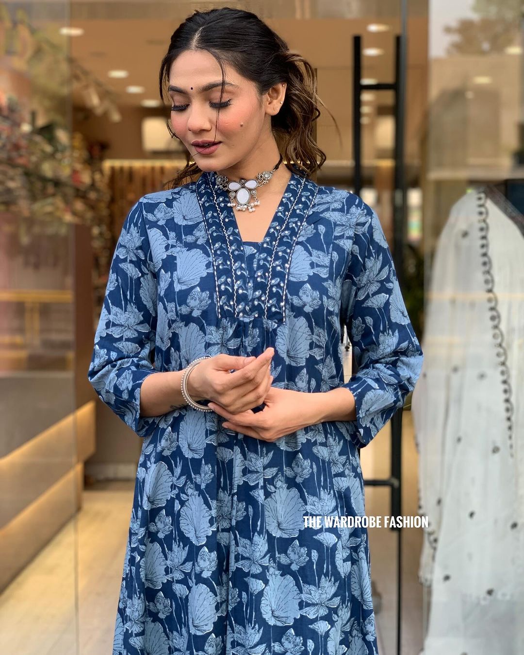 Cotton blue white floral block prints