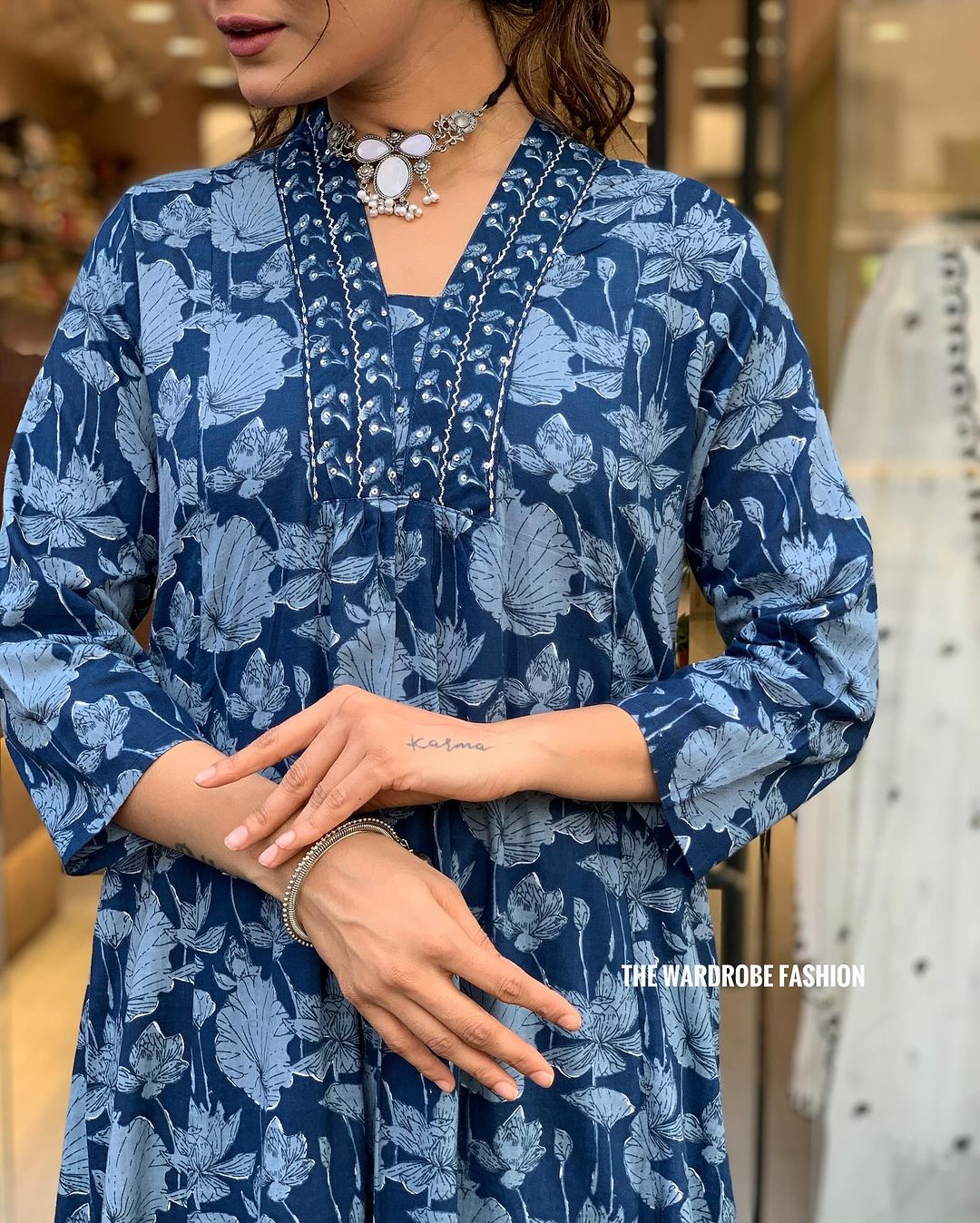 Cotton blue white floral block prints