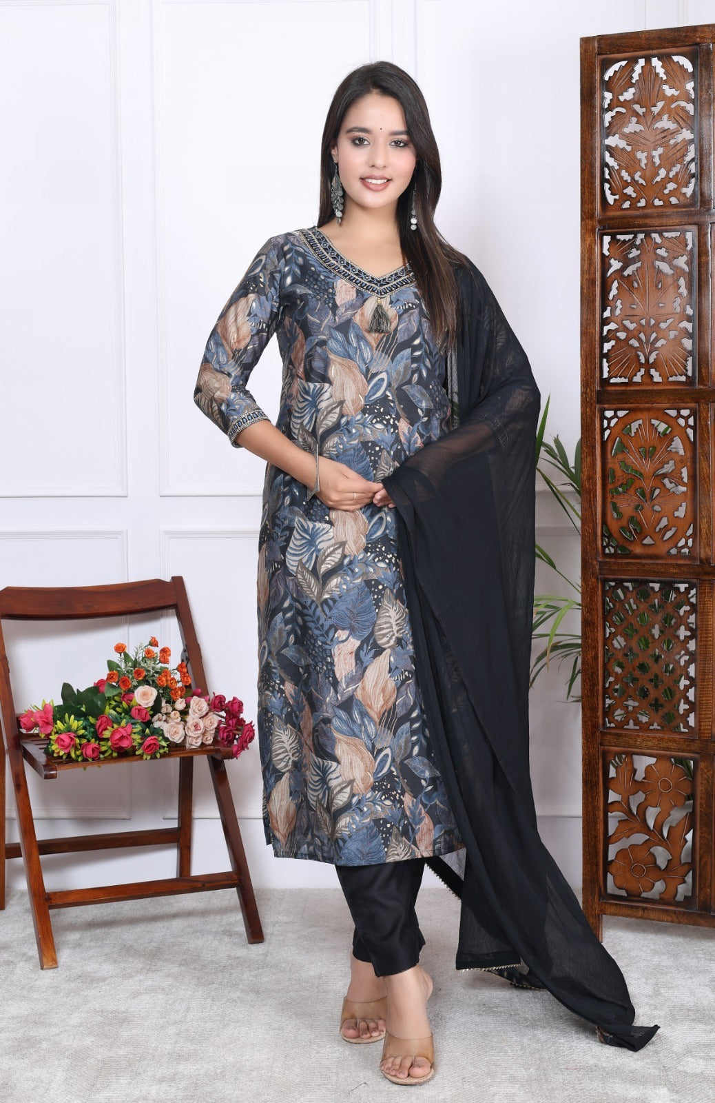 Grey and Brown Leafy Print Kurta Set