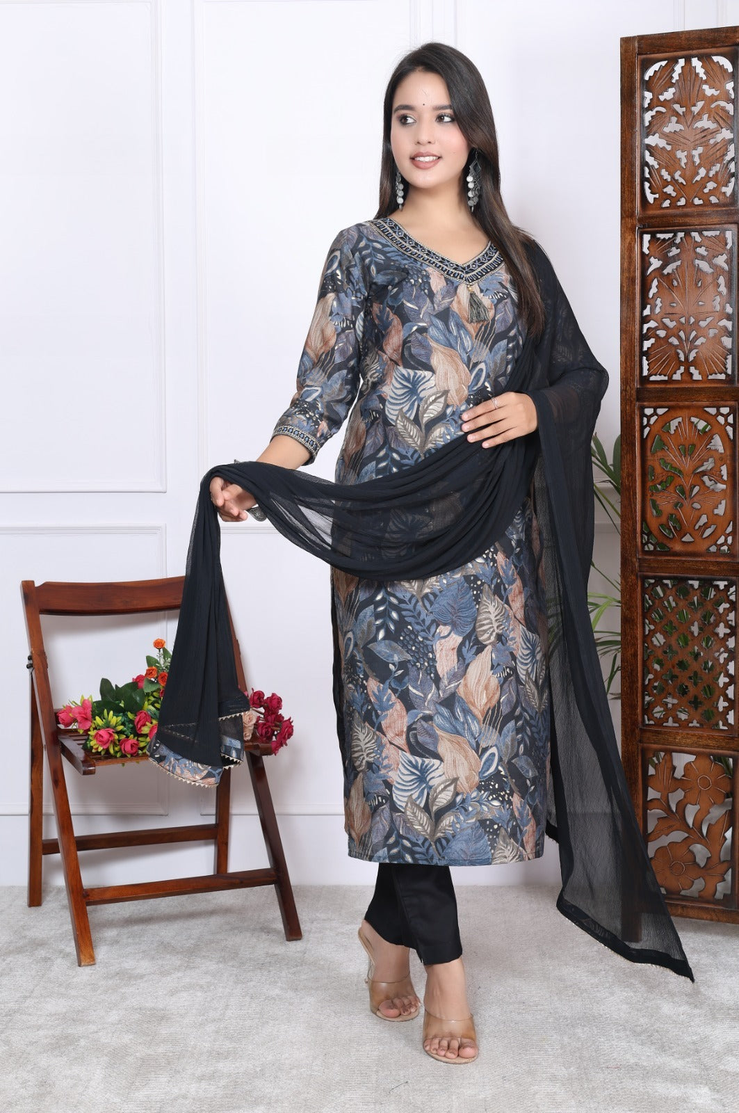 Grey and Brown Leafy Print Kurta Set