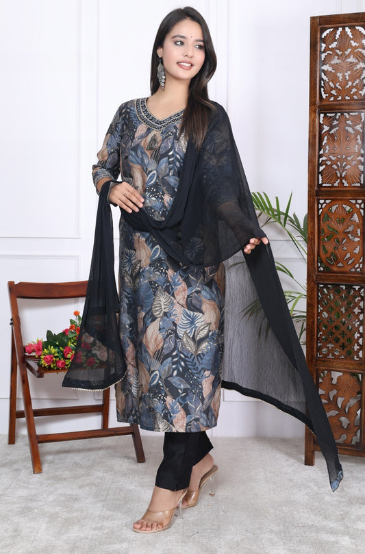 Grey and Brown Leafy Print Kurta Set