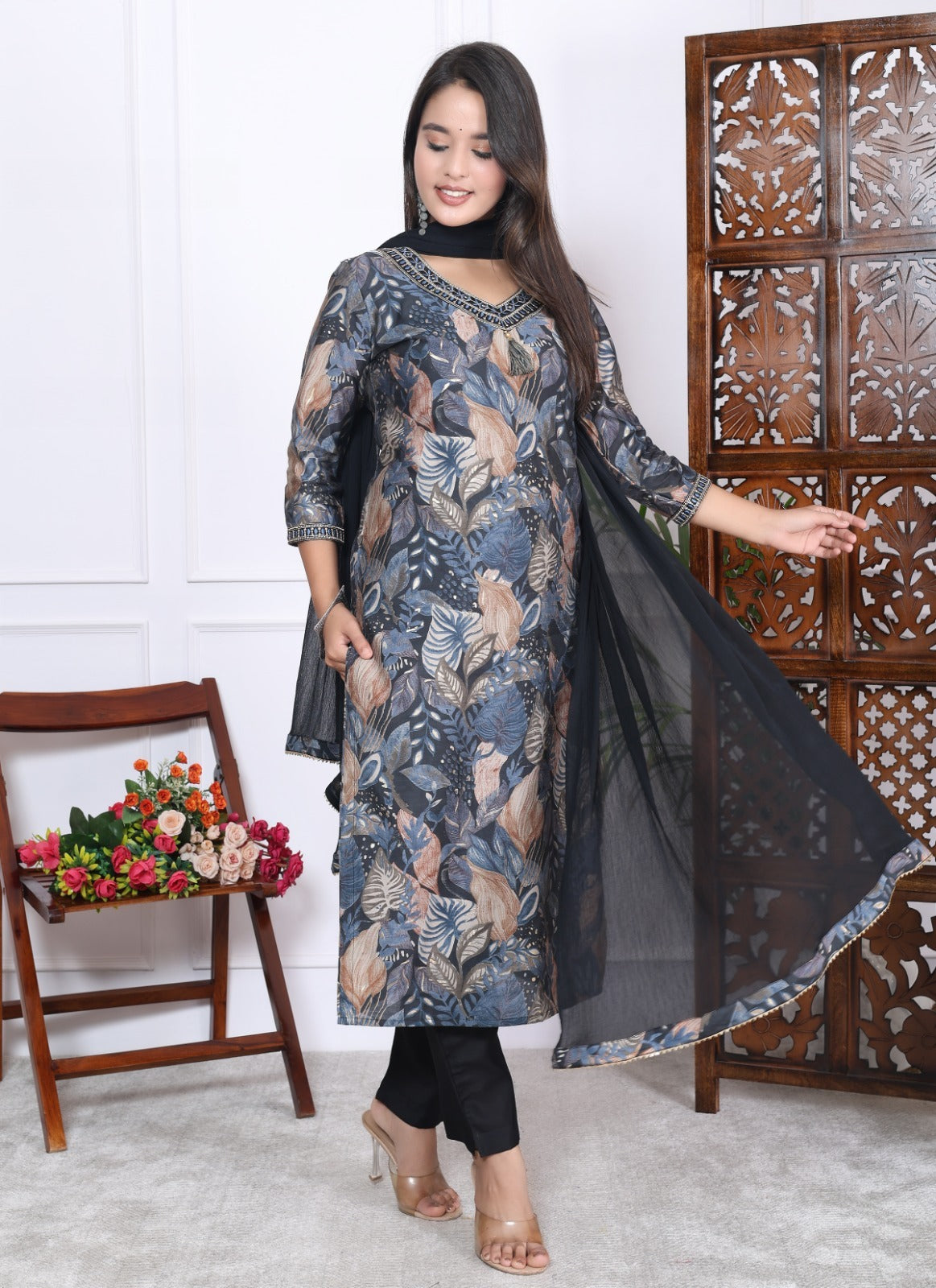Grey and Brown Leafy Print Kurta Set