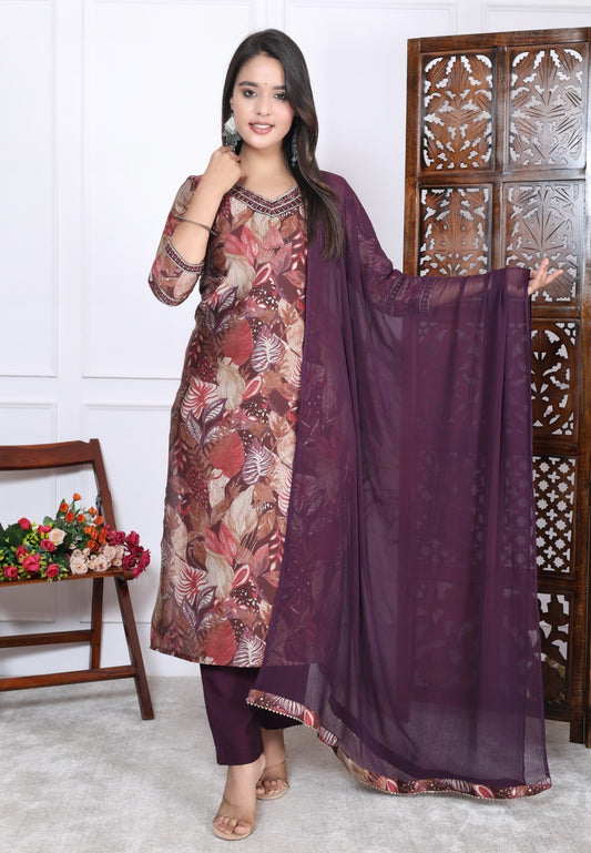 Maroon and Brown Leafy Print Kurta Set with Maroon Bottoms