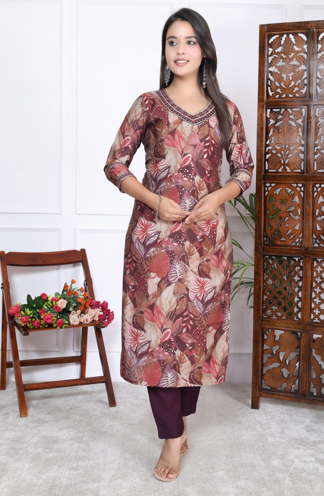 Maroon and Brown Leafy Print Kurta Set with Maroon Bottoms