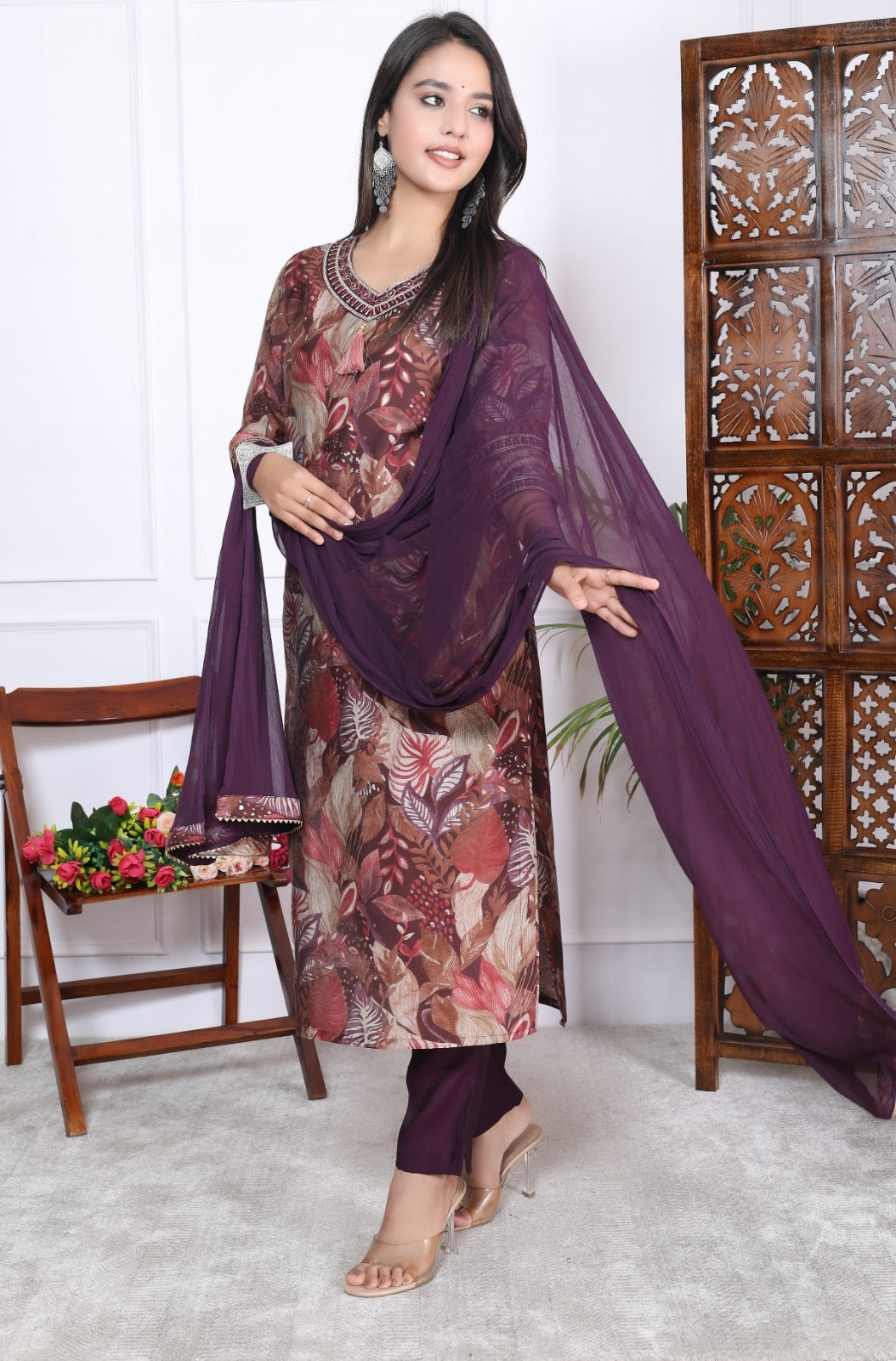 Maroon and Brown Leafy Print Kurta Set with Maroon Bottoms