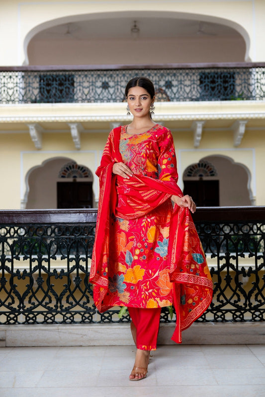 Electric Red Suit with Yellow Florals with Muslin Silk Dupatta
