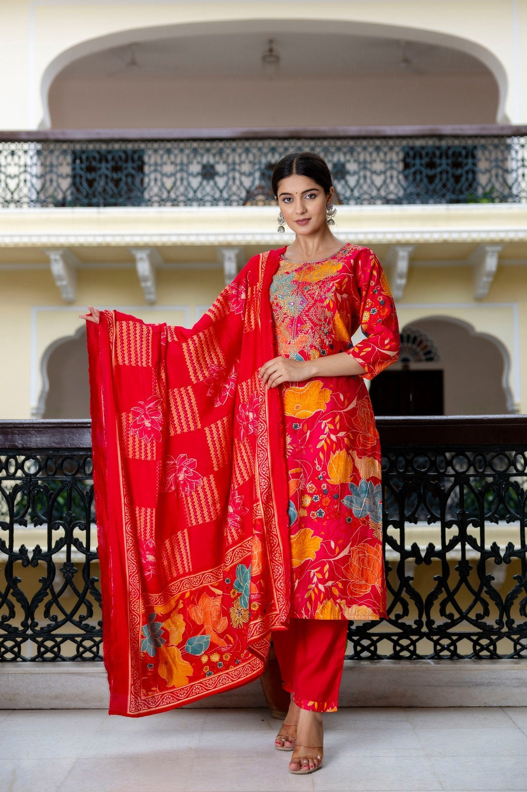 Electric Red Suit with Yellow Florals with Muslin Silk Dupatta