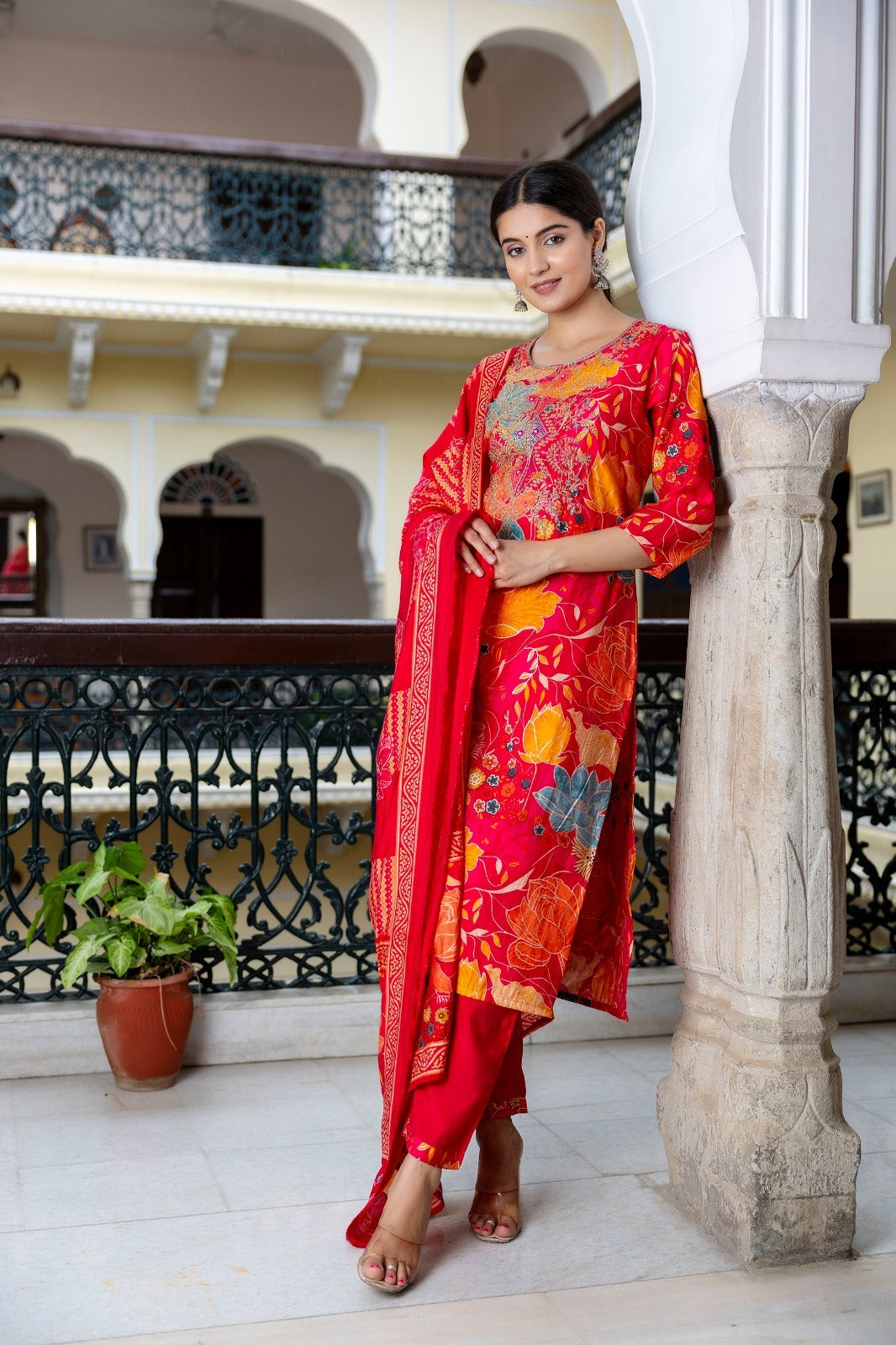 Electric Red Suit with Yellow Florals with Muslin Silk Dupatta