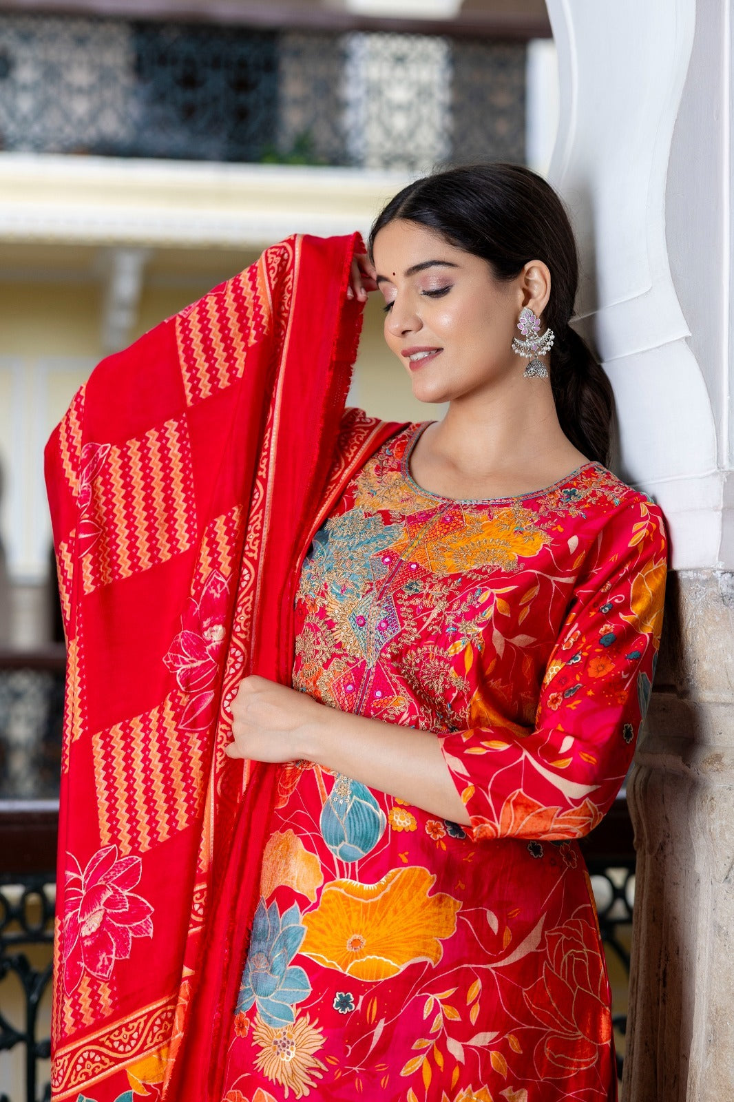 Electric Red Suit with Yellow Florals with Muslin Silk Dupatta