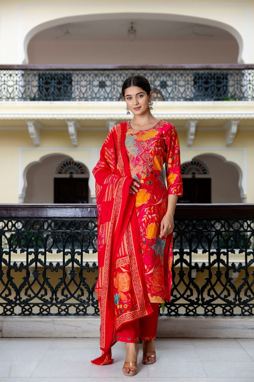 Electric Red Suit with Yellow Florals with Muslin Silk Dupatta