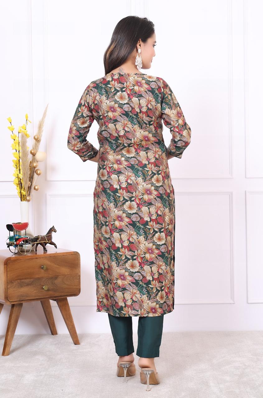 Cotton Bottle Green and Brown Leafy Print Set