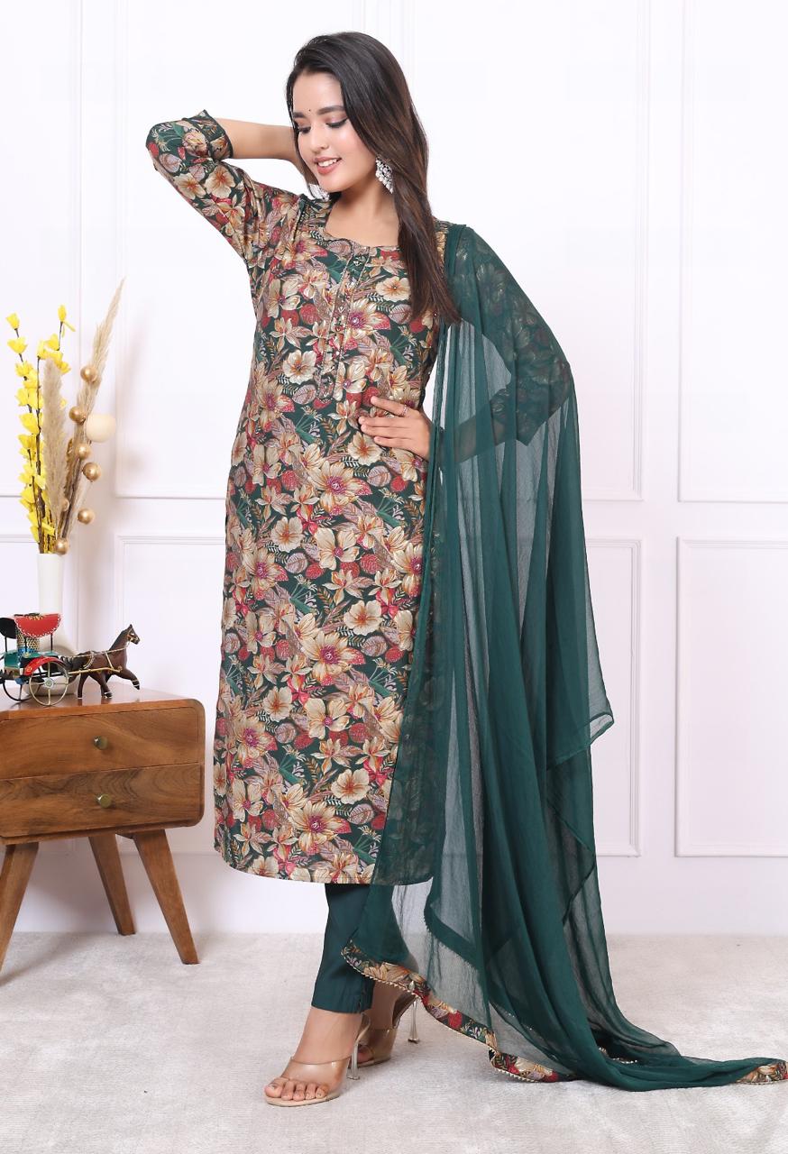 Cotton Bottle Green and Brown Leafy Print Set
