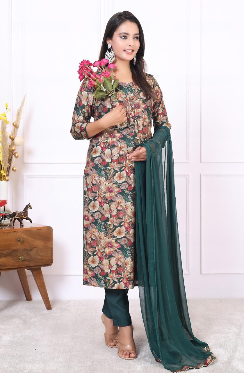 Cotton Bottle Green and Brown Leafy Print Set