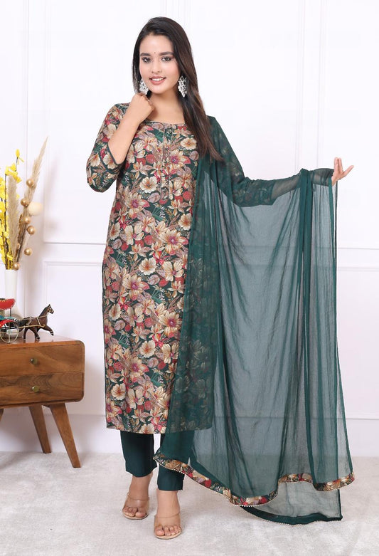 Cotton Bottle Green and Brown Leafy Print Set