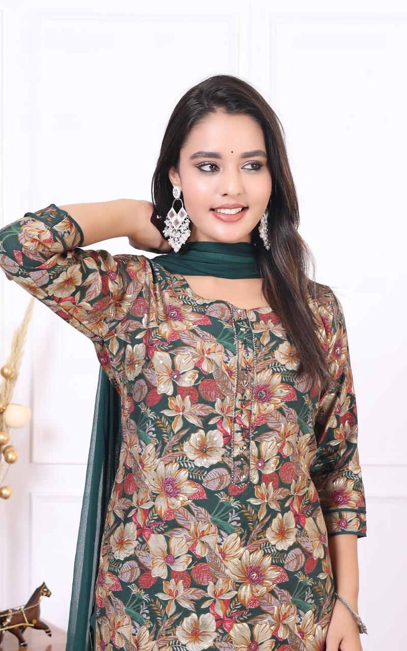 Cotton Bottle Green and Brown Leafy Print Set