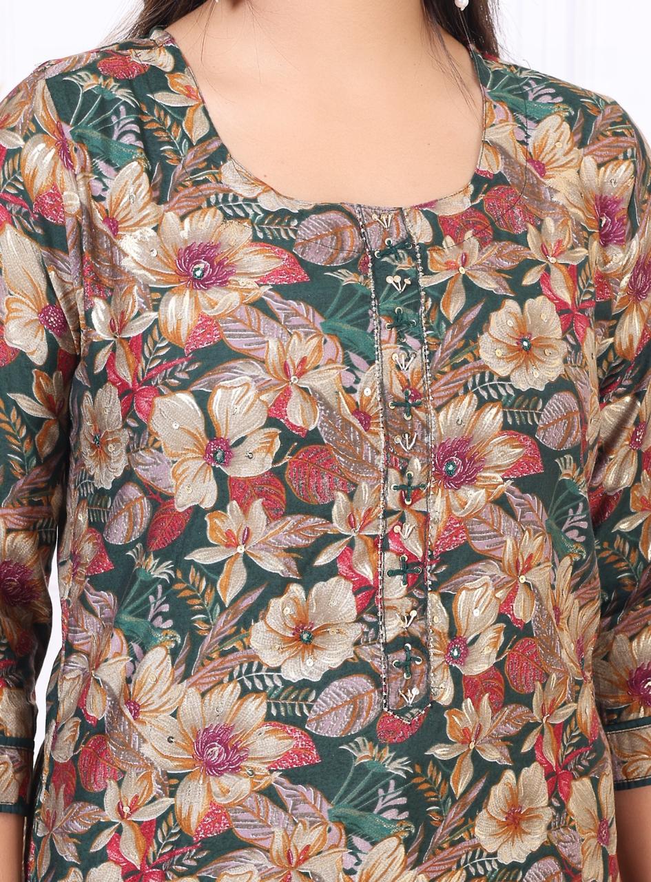 Cotton Bottle Green and Brown Leafy Print Set