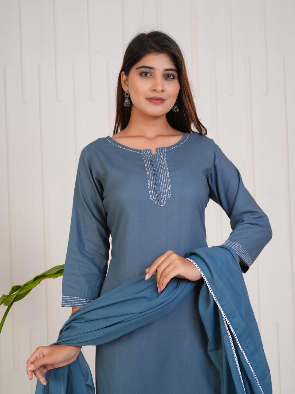 Navy Blue Suit with Yolk work on Neck