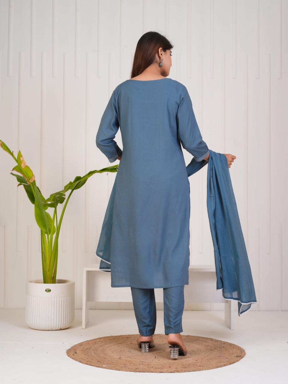 Navy Blue Suit with Yolk work on Neck