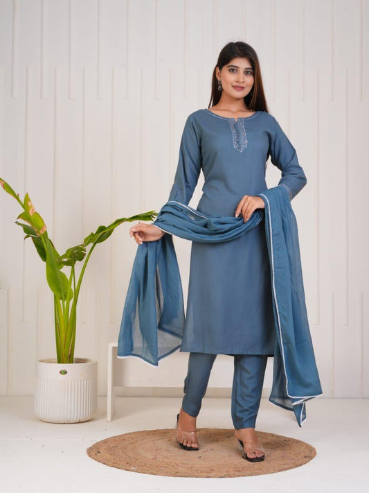 Navy Blue Suit with Yolk work on Neck