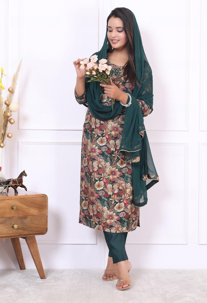 Cotton Bottle Green and Brown Leafy Print Set
