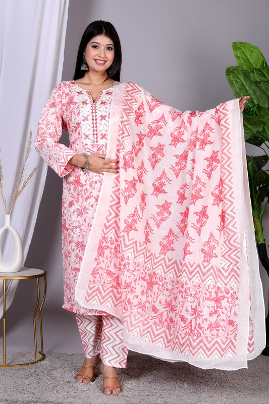 Cotton white base with red block prints