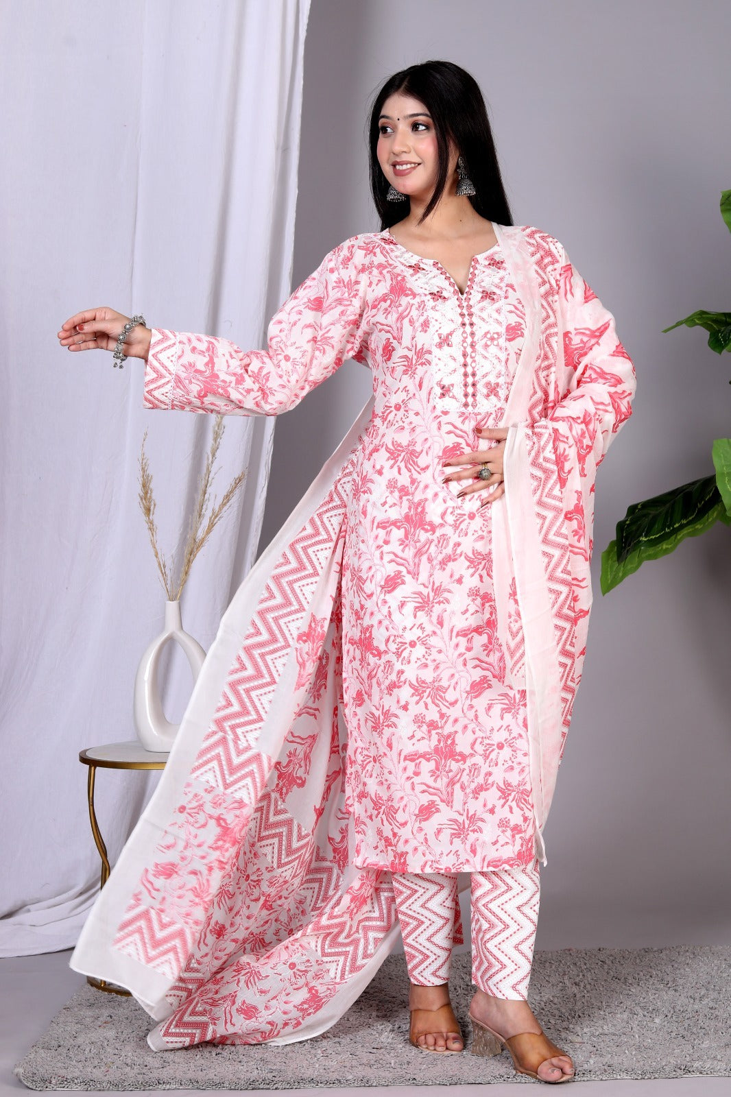 Cotton white base with red block prints