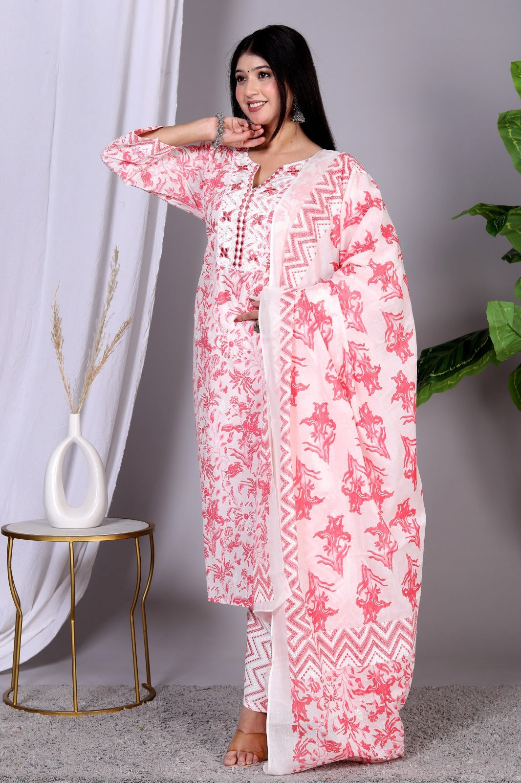 Cotton white base with red block prints