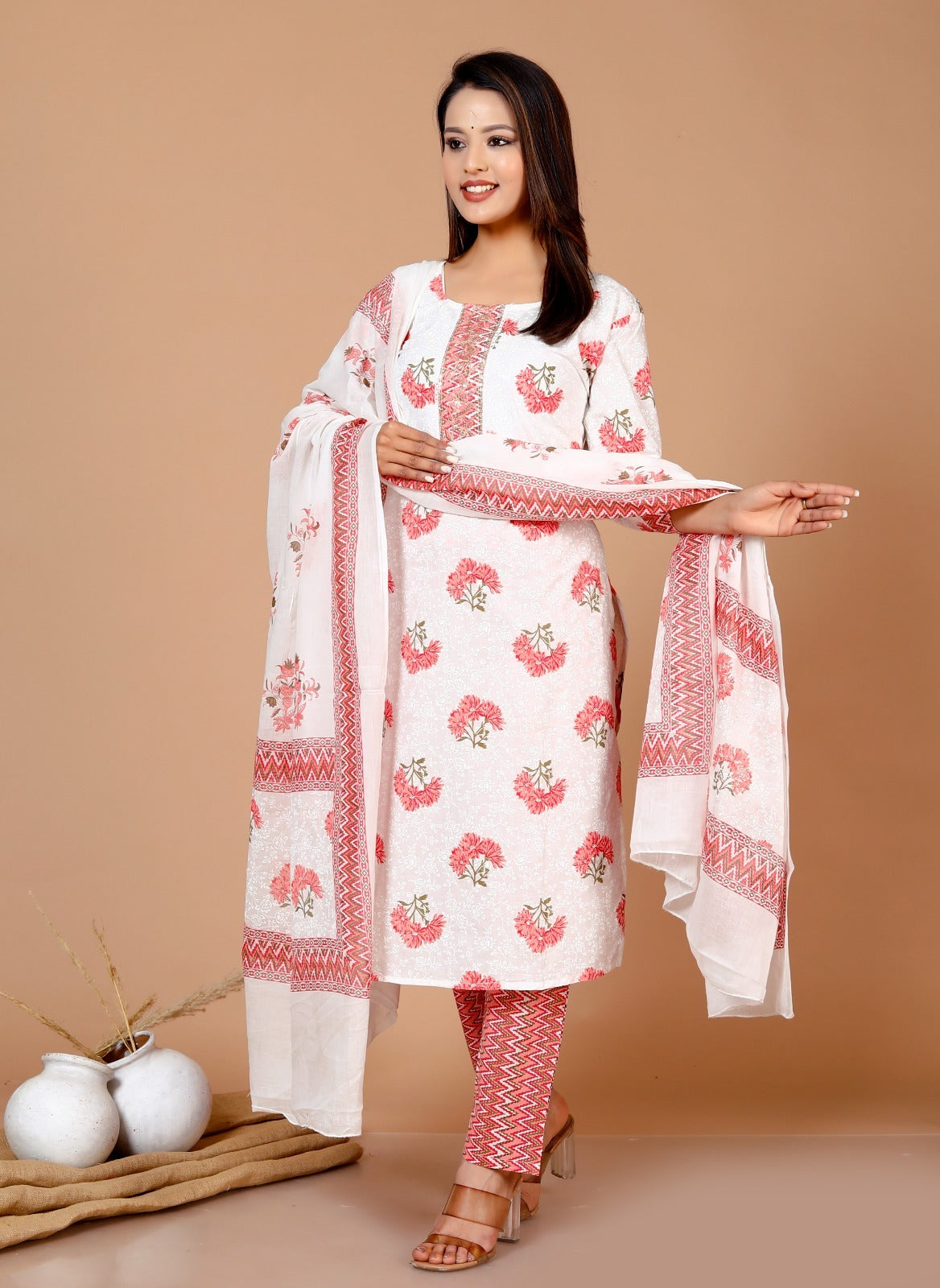 Cotton white peach big block prints