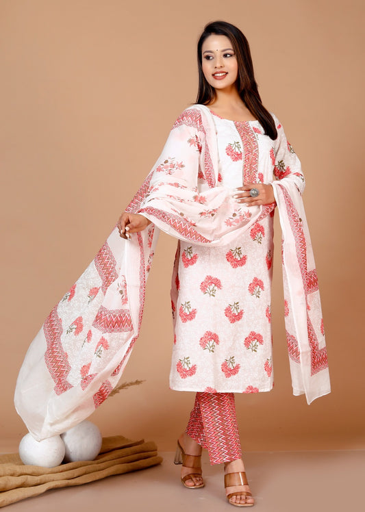 Cotton white peach big block prints