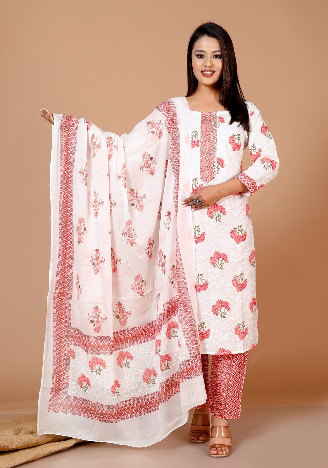 Cotton white peach big block prints