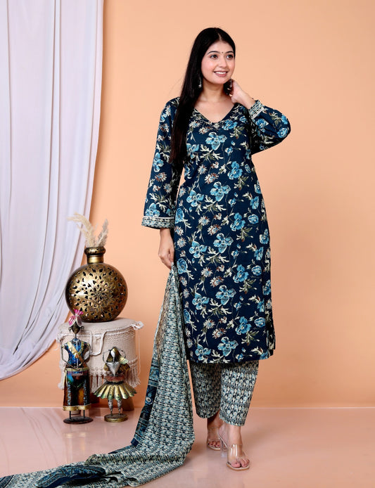 Cotton Set in Teal Blue with Dense Block Prints