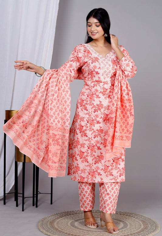 Cotton Set in White with Dense Peach Block Prints