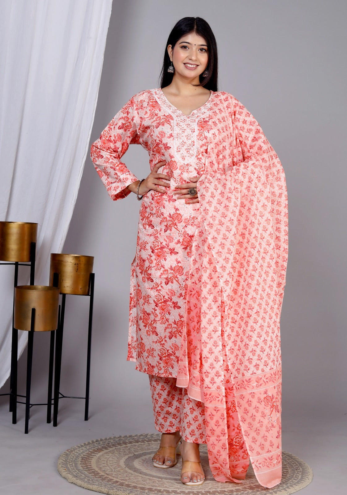 Cotton Set in White with Dense Peach Block Prints