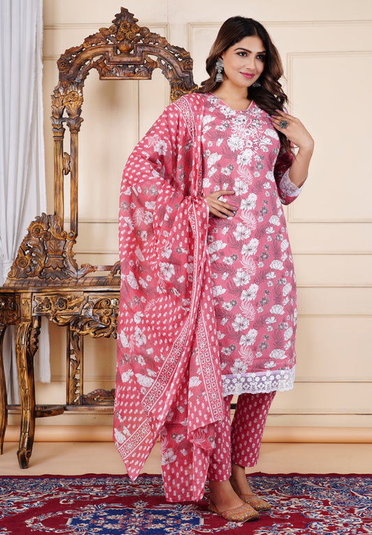 Cotton Set in Pink with Floral Prints