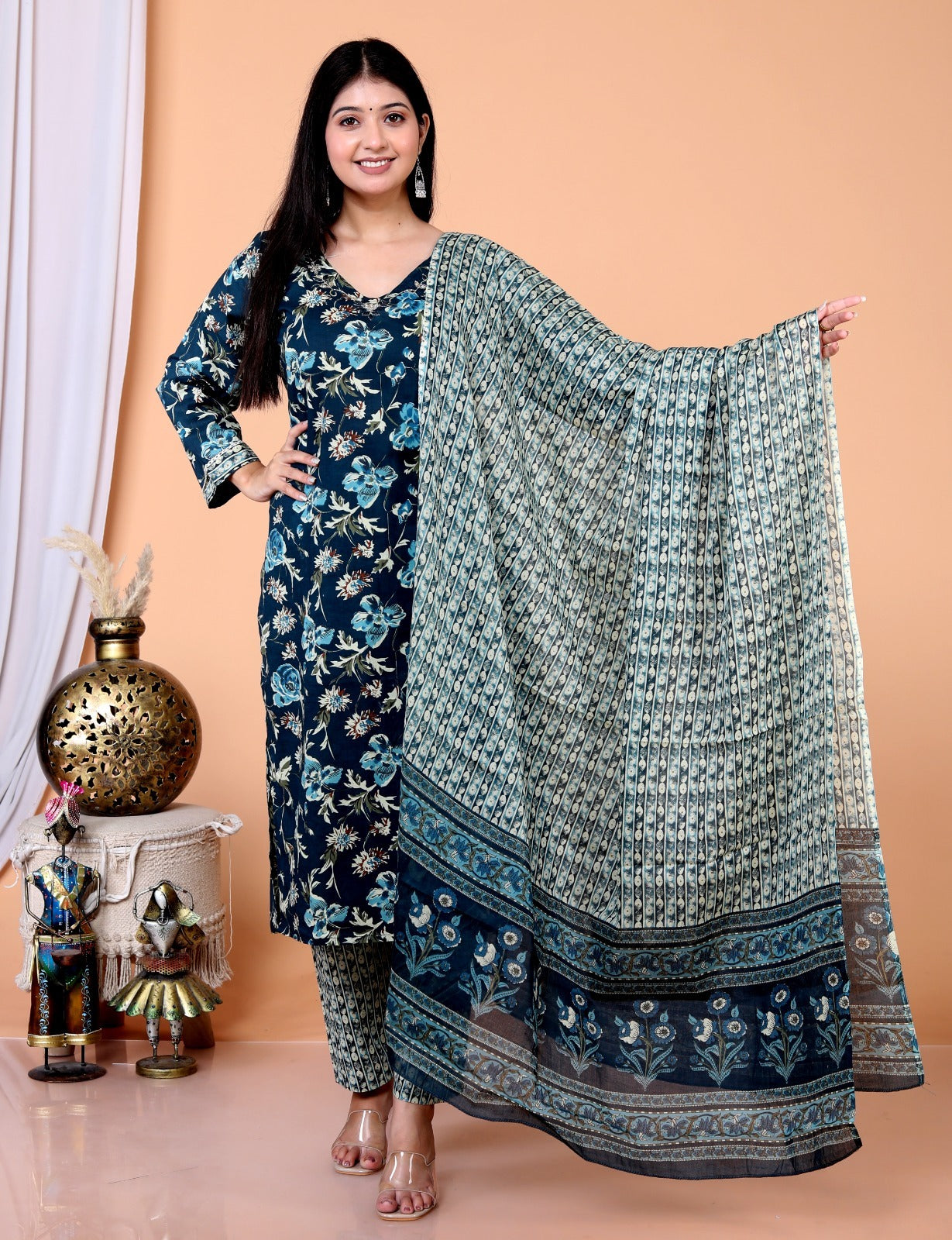 Cotton Set in Teal Blue with Dense Block Prints
