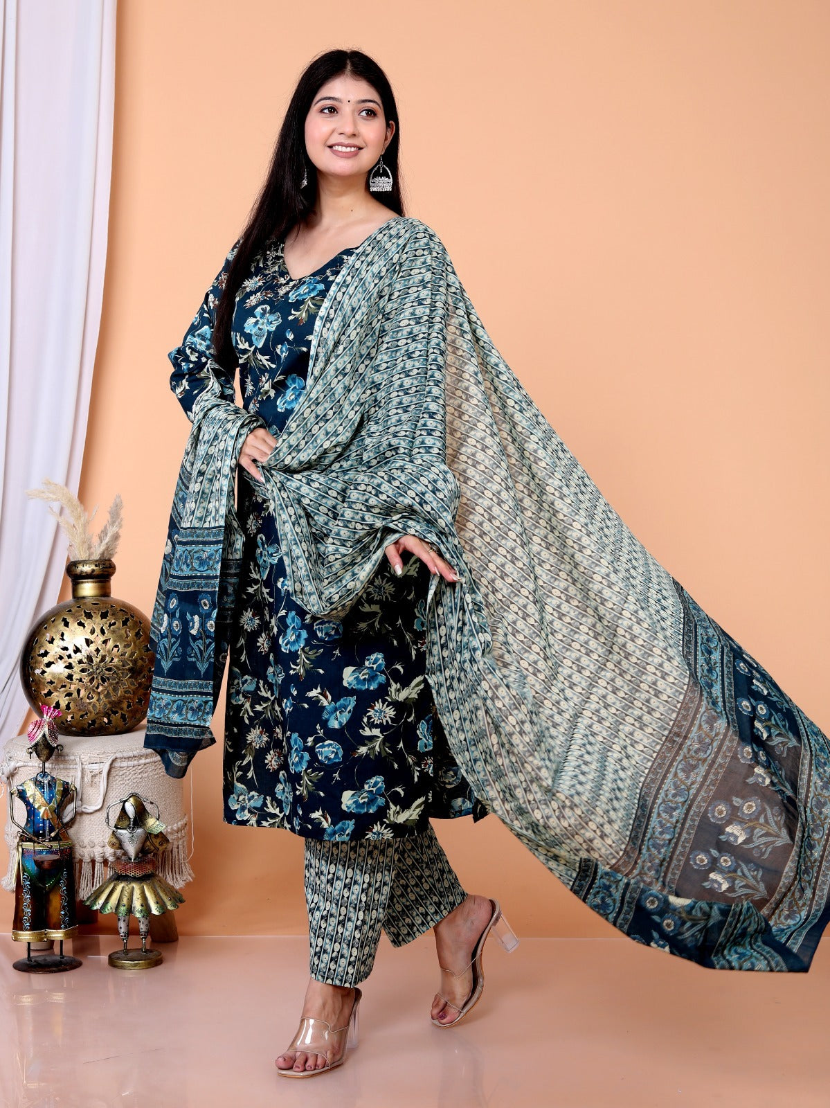 Cotton Set in Teal Blue with Dense Block Prints