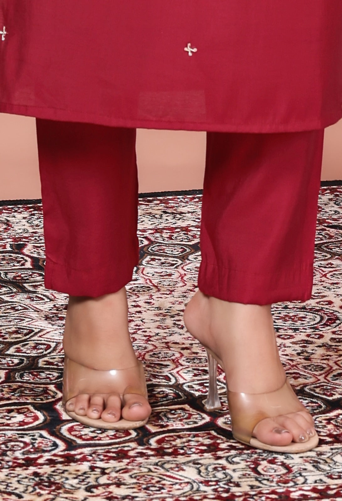Silky Red Suit adorned with Embedded Golden Stars