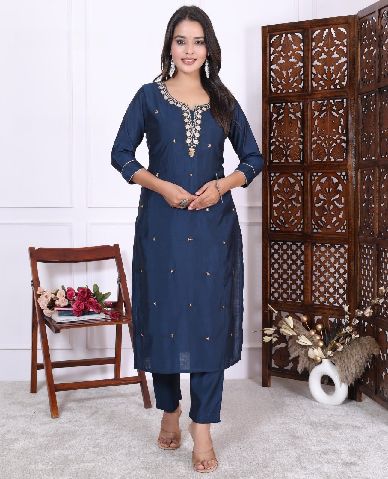 Silky Navy Blue Suit featuring Embedded Golden Stars